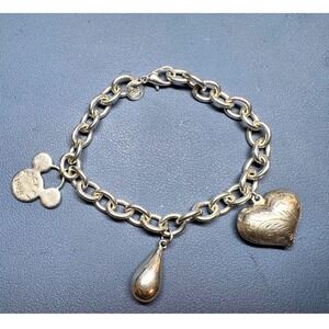 Vintage Disney 925 Sterling Silver Mickey Mouse Puffy Heart Charm Bracelet Y2K